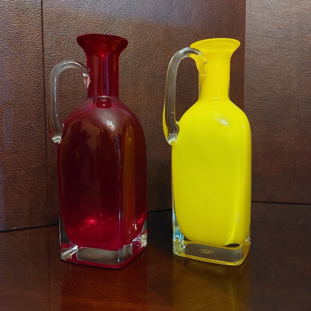 1970’s Yellow Satin & Red Finish Murano Style Carafes in Excellent Condition